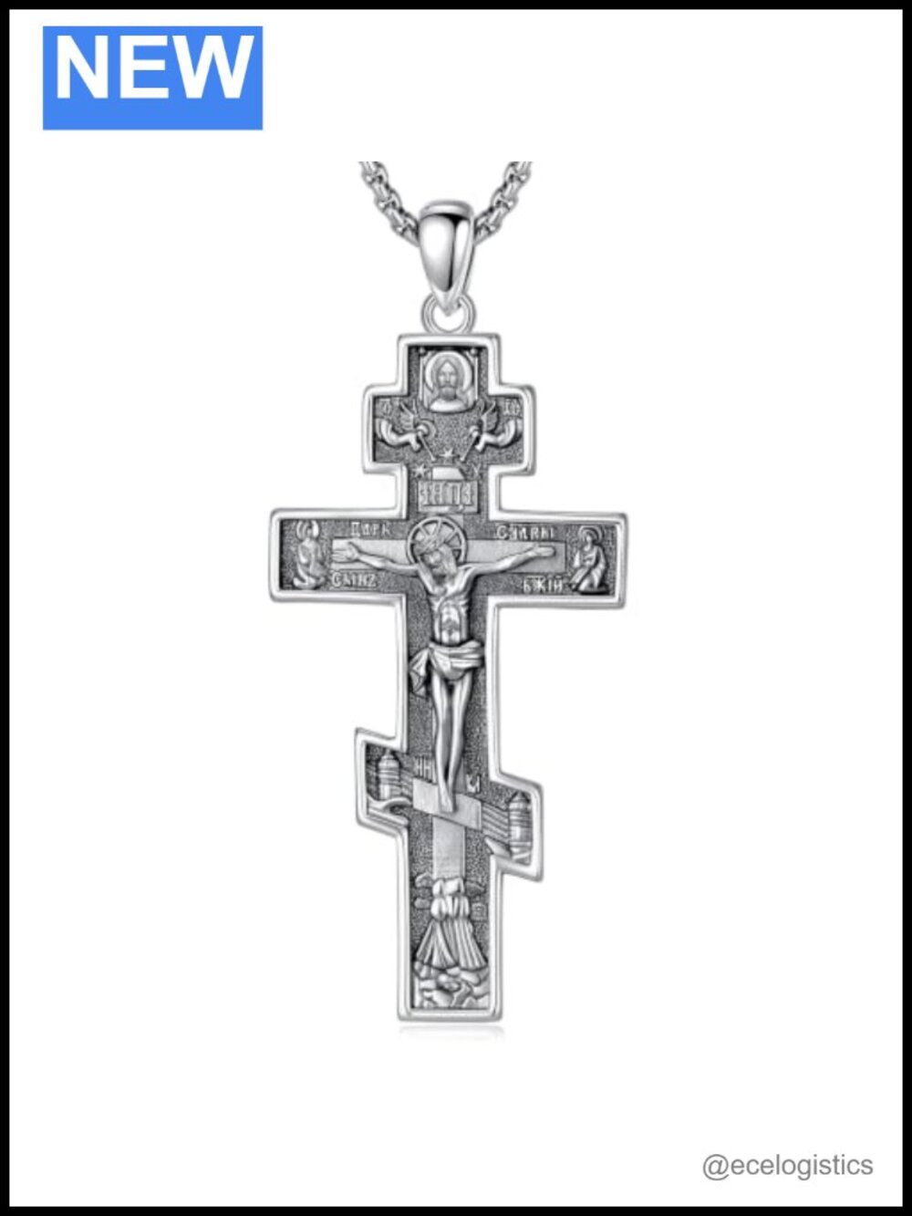 Silver Plated Copper Orthodox Crucifix Pendant Necklace Stainless Steel Box